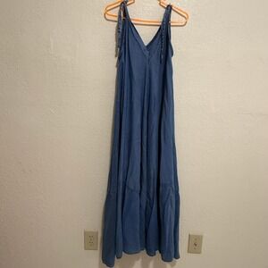 In Italy Blue Tencel Maxi Dress Tie Strap Tiered Flowy Summer Made in Italy OS